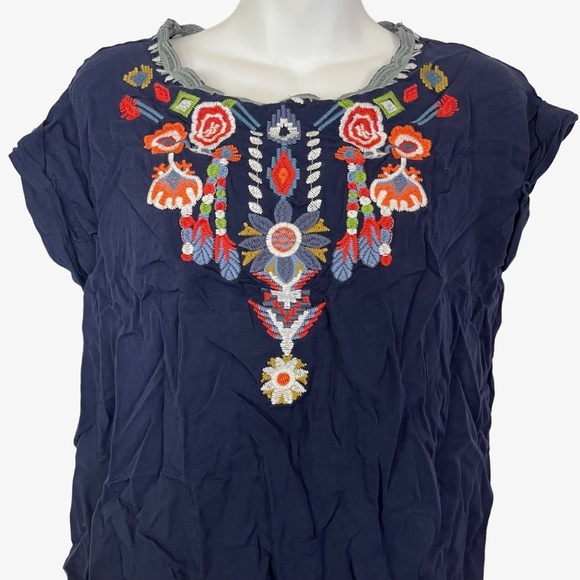 TEA N ROSE Embroidered Navy Blue Short Sleeve Pop Over Blouse Top Shirt Boho  S - Picture 2 of 16